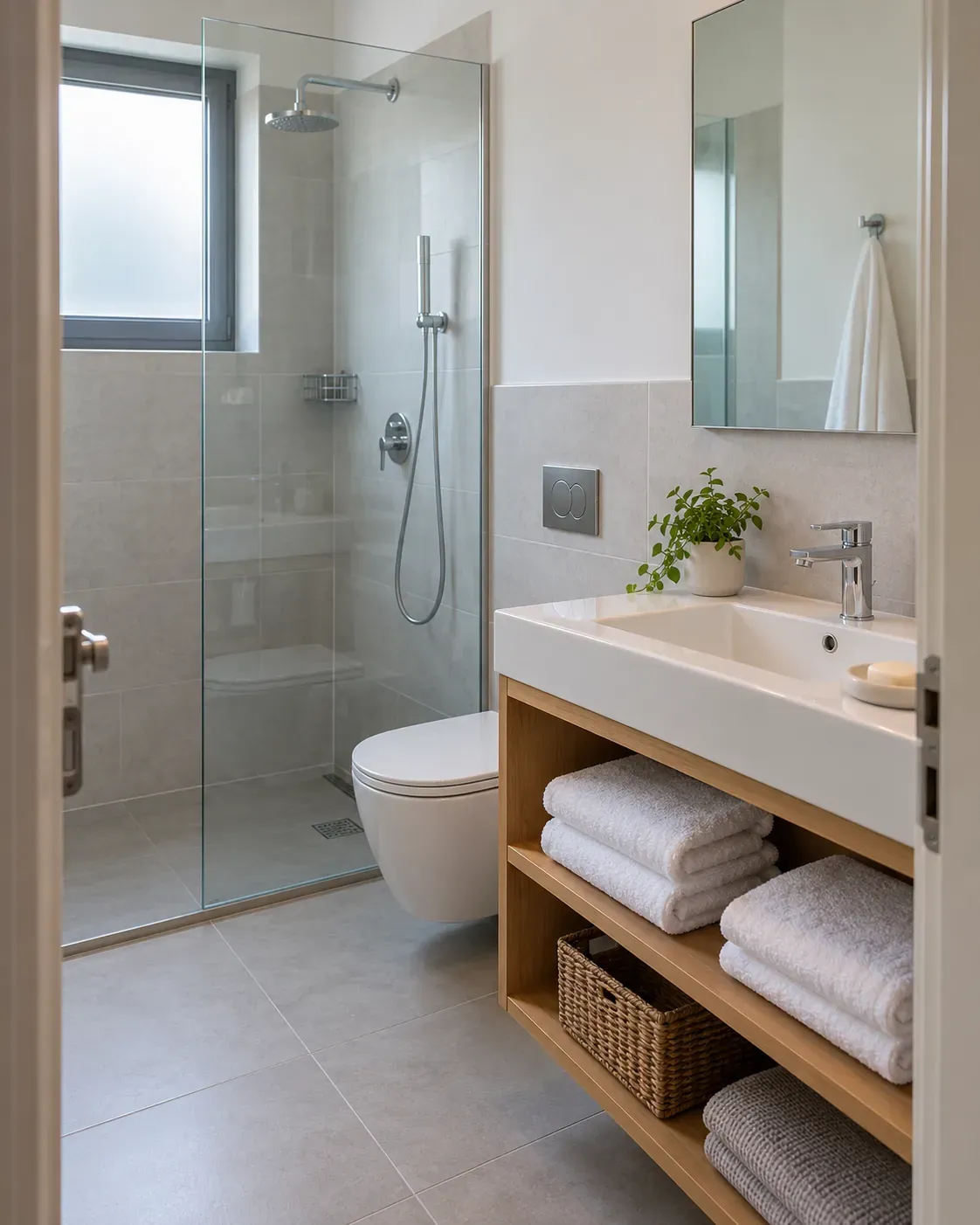 A small rental bathroom ready for the next guest, with clean glass and fresh folded towels