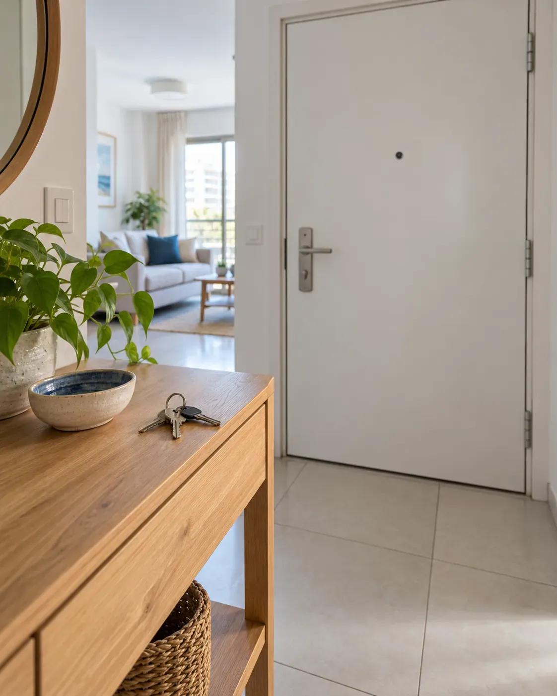 Chaves sobre o aparador na entrada de um apartamento limpo, com a sala ao fundo