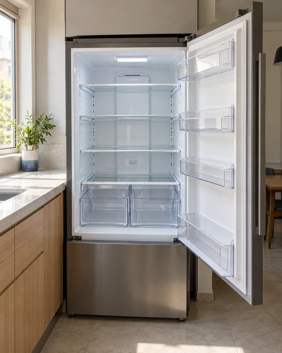 An open refrigerator, emptied and fully cleaned, in an apartment kitchen in spring morning light